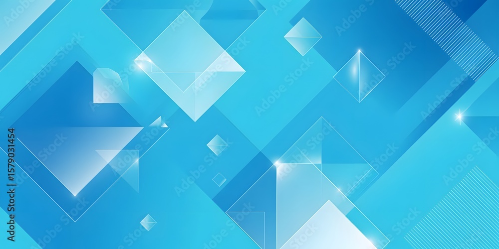 Fototapeta premium Abstract blue gradient background with random translucent geometric shapes, including white triangles and diamonds, layered modern texture