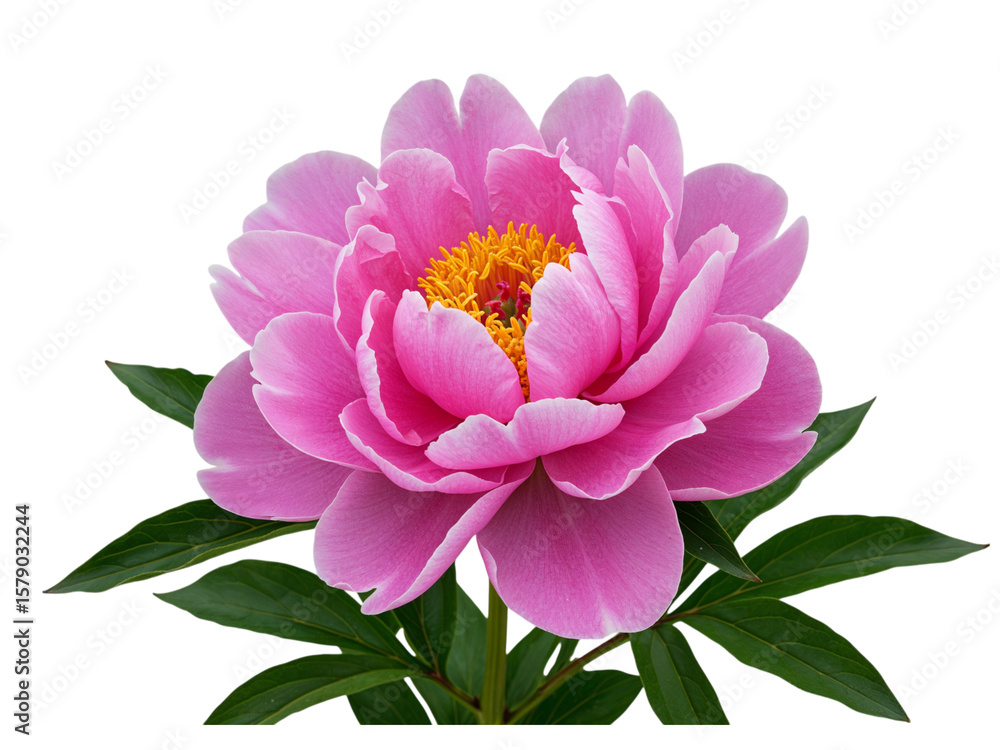 Obraz premium Vibrant pink peony flower with green leaves isolated on transparent background