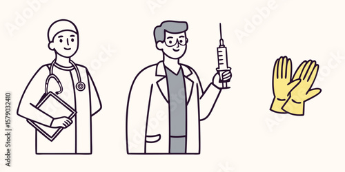 Medical professionals with syringe and gloves doctor