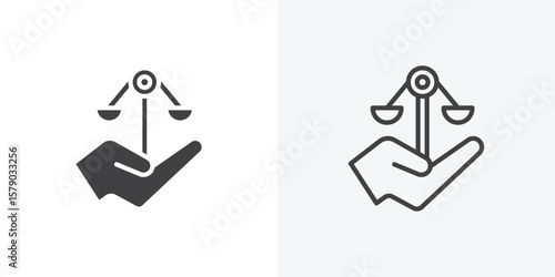 Justice scales in Hand icon. collection of editable stroke line and solid flat styles.