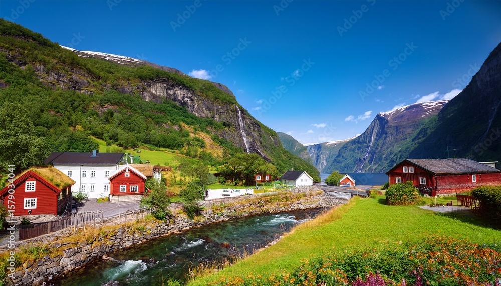 Fototapeta premium small village undredal near flam aurlandsfjord part of sognefjord norway