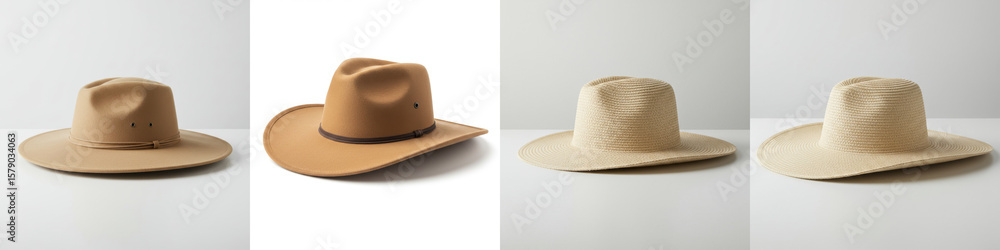 Stylish Cowboy Hats Collection - Four stylish cowboy hats in various shades of beige and tan, perfect for fashion or western-themed Stylish Cowboy Hats Collection - Four stylish cowboy hats in various shades of beige and tan, perfect for fashion or western-themed