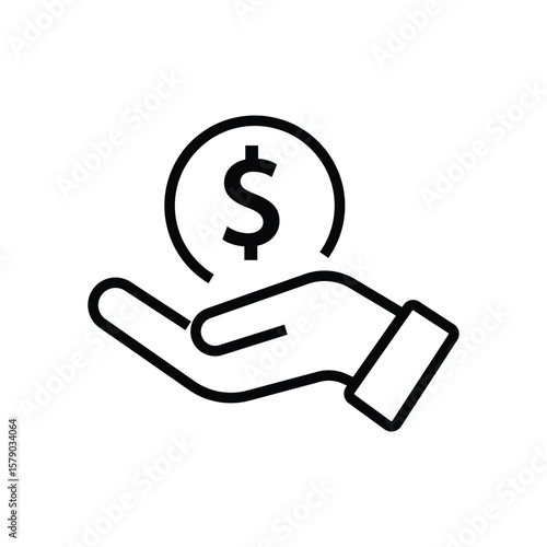Hand holding a dollar coin line icon. Save money, salary, finance, cash concept. Logo symbol for web and mobile isolated on white background.
