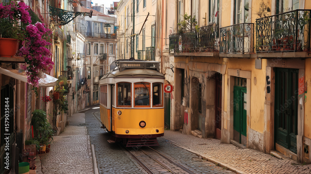 Fototapeta premium Lisbon tram on steep cobbled street