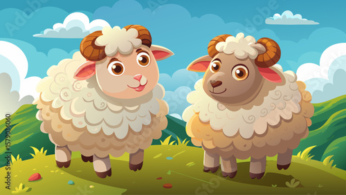 Two fluffy sheep stand side-by-side on a hilltop. Their tiny smiles and stubby legs create a cartoon moment of pure innocence and togetherness beneath simple clouds.