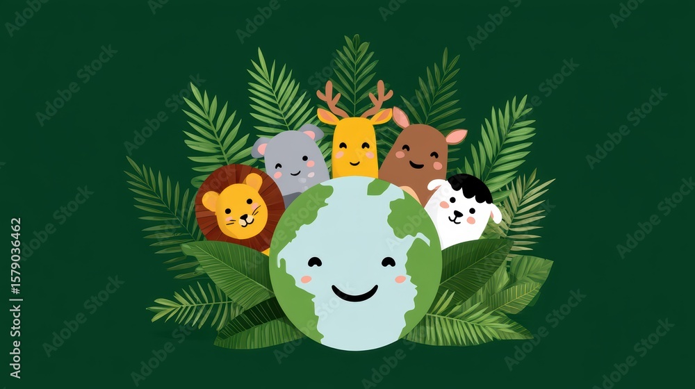 Fototapeta premium Cute Cartoon Animals Surrounding a Smiling Earth with Green Leaves on a Solid Background