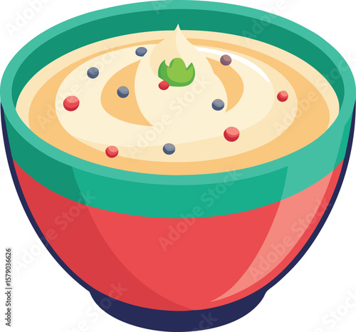 Herbal Tea Steam Aromatics Creamy Dessert in a Red and Green Bowl with Berries and Herbs Topping, Delicious Sweet...