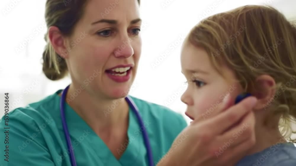 Pediatric doctor checking a young child's ears using an otoscope for ear infection Pediatric doctor checking a young child's ears using an otoscope for ear infection