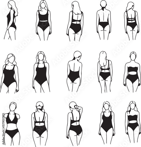 Fifteen Black and White Line Drawings of Female Figures in Swimsuits Showing Variations in Body Shape and Size Adobe Illustrator Artwork