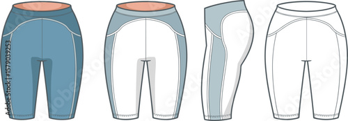 Athletic sportswear leggings flat fashion sketch, technical drawing of compression shorts with side panel, front back and side views