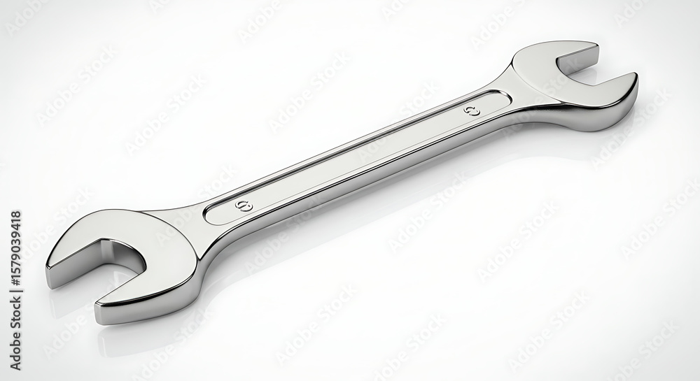 A chrome adjustable wrench fully extended, placed diagonally on a clean white surface with reflection. A chrome adjustable wrench fully extended, placed diagonally on a clean white surface with reflection.