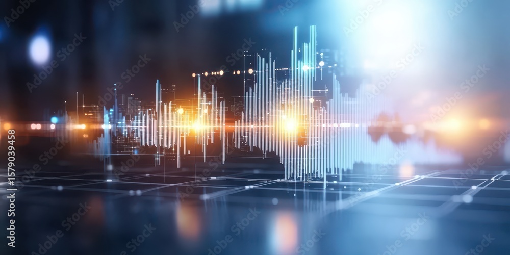 Fototapeta premium Economy balancing assets concept. Futuristic digital cityscape with glowing lines and data visualizations.