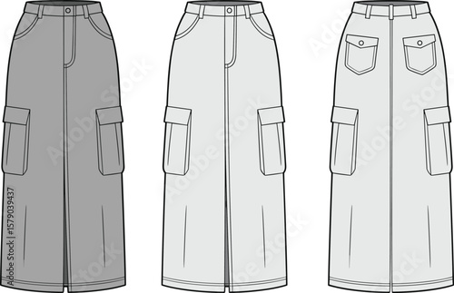 Cargo maxi skirt fashion flat sketch, front and back view, pocket detail, waistband, technical drawing, apparel design vector template