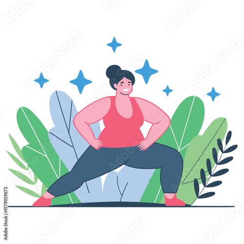 A plus size woman confidently performs a lunge exercise surrounded by vibrant foliage and sparkling stars