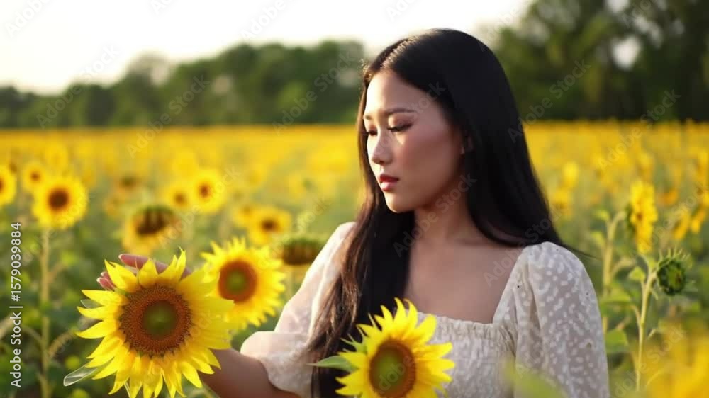 Woman in a Field of Sunflowers. At sunset, she appreciates the outdoors and the flowers around her Woman in a Field of Sunflowers. At sunset, she appreciates the outdoors and the flowers around her