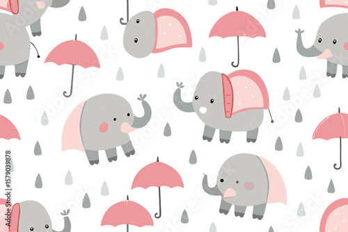 Cute Cartoon Elephants with Umbrellas in the Rain Seamless Pattern