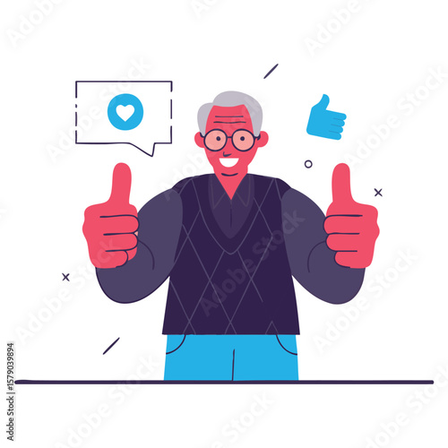 Happy elderly man gives thumbs up and likes expressing approval and positive feedback