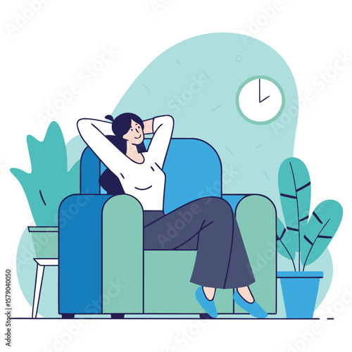 Relaxed woman enjoying leisure time on a comfortable sofa surrounded by greenery and a clock