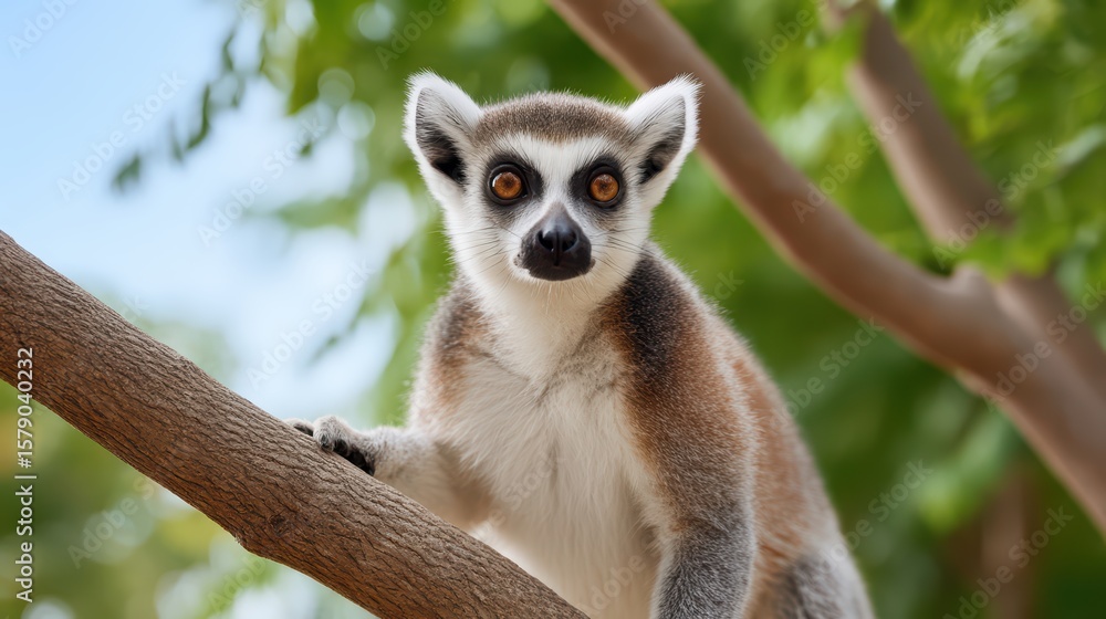 Obraz premium Curious Ring-Tailed Lemur Observing Surroundings from a Branch in a Natural Habitat Environment with Green Foliage