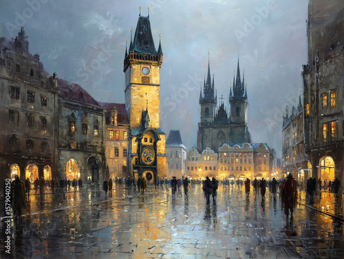 Prague old town square with astronomical clock