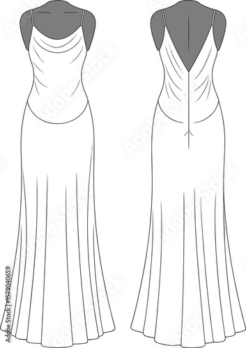 Elegant long evening gown fashion flat sketch, front and back view, sleeveless draped dress technical design for clothing template