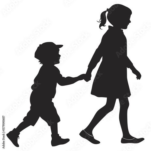 Silhouette of a young boy wearing a cap holding hands with a girl with a ponytail walking together