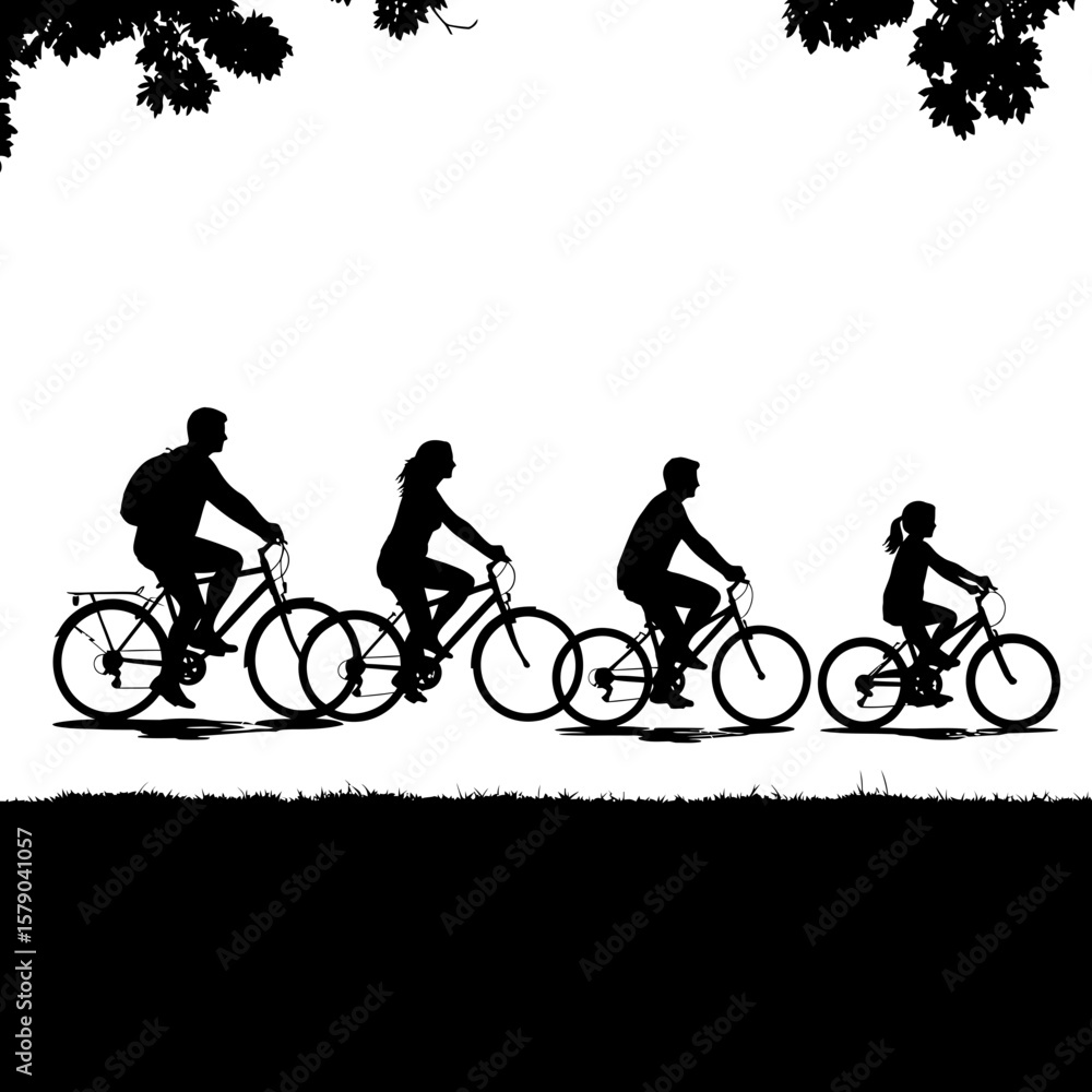 Obraz premium Joyful Cycling Silhouette: Capture the carefree spirit of a family bike ride with this vibrant silhouette, illustrating the simple joy of togetherness in a scenic setting. 