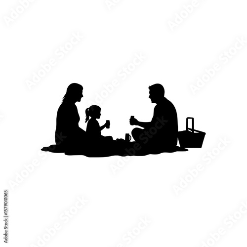Family Picnic Silhouette: A black silhouette depicts a family of three enjoying a picnic, with a basket and blanket, emphasizing togetherness and outdoor leisure.