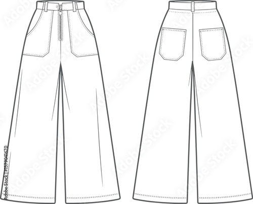 High waisted wide leg jeans technical flat sketch, front and back view, fashion illustration, denim pants design, vector template
