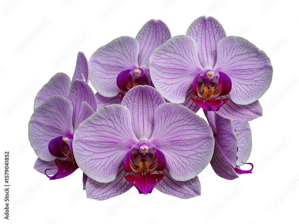 Obraz premium Close up of a cluster of beautiful pink and white striped phalaenopsis orchid flowers isolated on transparent background
