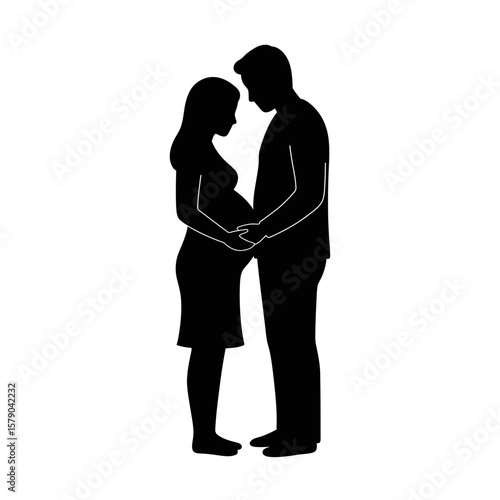 Anticipation of Parenthood: Silhouetted portrait of an expectant couple, their hands tenderly cradling her pregnant belly, embodying the profound joy and anticipation of welcoming new life.