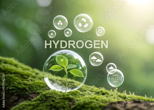 Green hydrogen energy concept with plant in bubble and icons