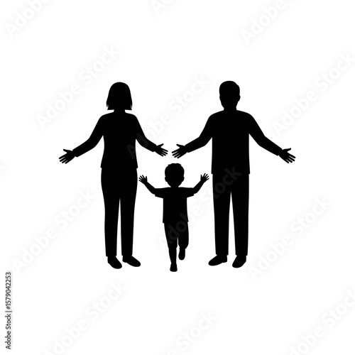 Family Silhouette: A heartwarming silhouette captures the essence of family unity, a parent couple embracing their child with open arms. A beautiful illustration of love and togetherness.