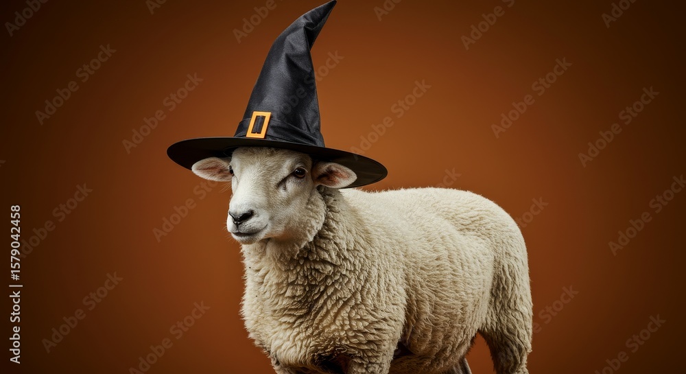Fototapeta premium Sheep in Witch's Hat Halloween Costume - A cute sheep playfully wears a witch's hat, symbolizing Halloween, farm animals, costumes, autumn, and whimsy