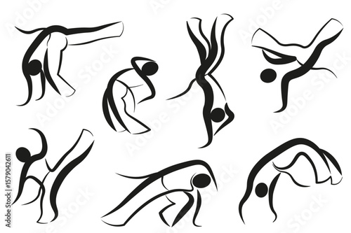Capoeira Movements in Calligraphic Brush Style Silhouettes. The minimalist black silhouettes capture the fluidity, rhythm, and acrobatic essence of the Brazilian martial art.