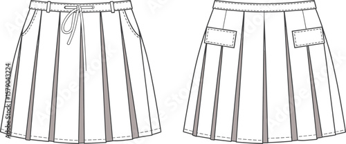 Technical flat sketch of pleated mini skirt with drawstring waistband, side pockets, patch pockets, front and back fashion illustration
