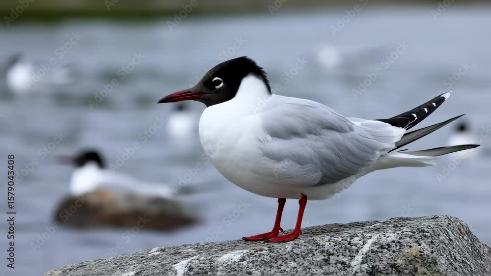 Elegant Seagull Perched on Rock, Lakeside Scene, Wildlife Beauty Elegant Seagull Perched on Rock, Lakeside Scene, Wildlife Beauty