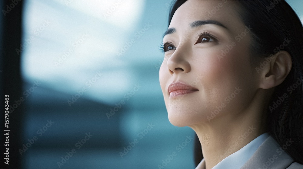 Naklejka premium Asian woman looks up thoughtfully against a modern background