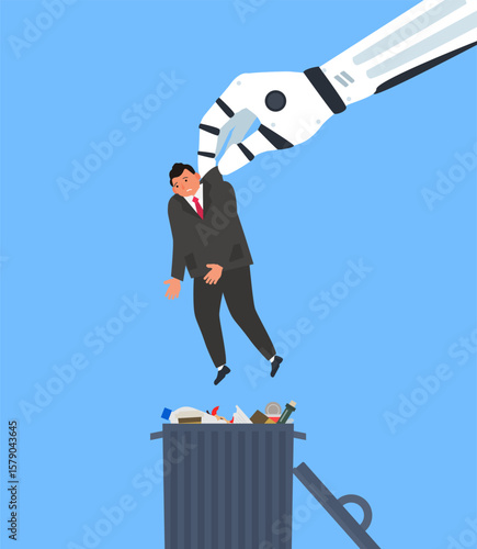 robot hand throwing businessman employee to the trash can unemployment problem vector illustration