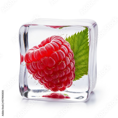 Raspberry frozen in ice cube captures the essence of summer freshness in a unique and artistic way