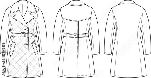 Women belted trench coat technical flat sketch, quilted panel front design, back and side views, fashion illustration template