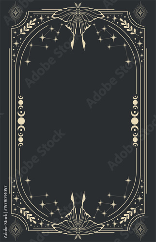 Celestial magical background for astrology, tarot. Black postcard with a frame in a bohemian design, moth, stars, copy space. Magic vector illustration