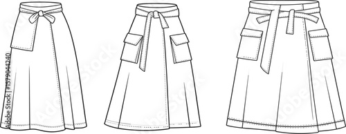 Women’s wrap skirt fashion flat sketch with belt and utility pockets, technical vector design template, apparel drawing front view