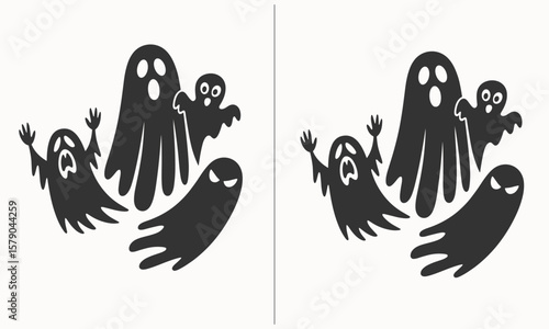 Collection of Cartoon Ghosts in Different Poses, Fun and Playful Halloween Ghosts with Wide Eyes and Floating Forms, Cute Scary Ghost Characters for Kids, Vintage Ghost Illustration for Spooky Hallowe