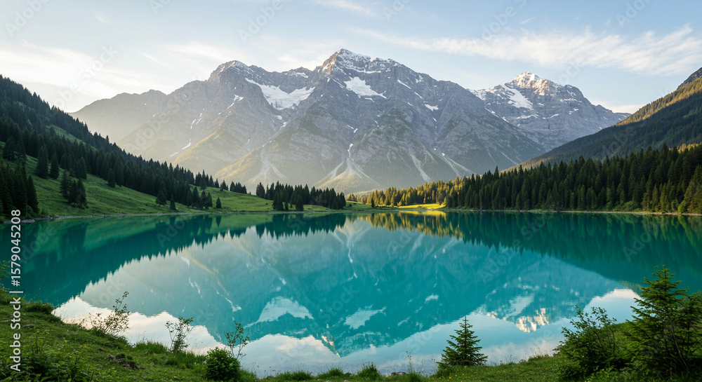 Naklejka premium Alpine lake reflects snowcapped mountains and forested hills under a bright sky