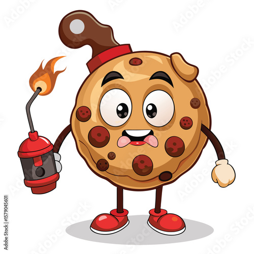 Cartoon cookie character with blowtorch chocolate chip