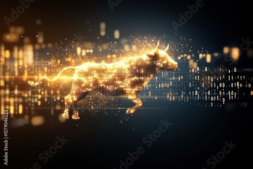 Economy balancing assets concept. A glowing bull silhouette amidst a digital binary backdrop.