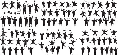 Graduation Celebration Silhouette Diverse Group of Students Throwing Caps in the Air with Joyful Leaping