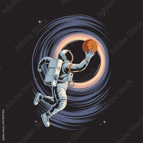 Astronaut performs a basketball slam dunk through a glowing vortex in space, showing dynamic movement, vector illustration design.