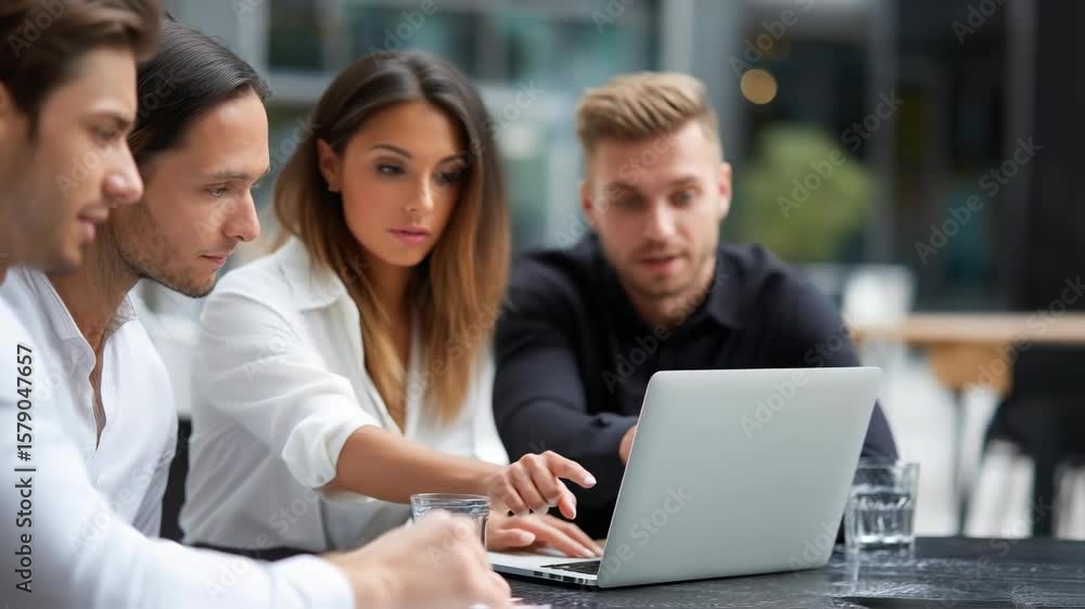 Team focused on a laptop, collaborating and brainstorming Team focused on a laptop, collaborating and brainstorming